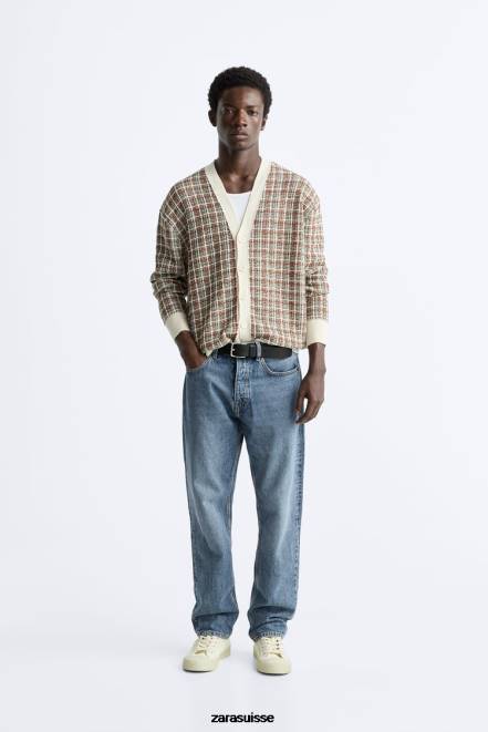 Zara vêtements P66V1044 Hommes cardigan en jacquard à carreaux écru