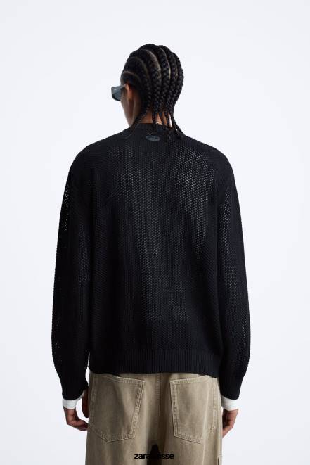 Zara vêtements P66V1045 Hommes cardigan texturé au crochet noir