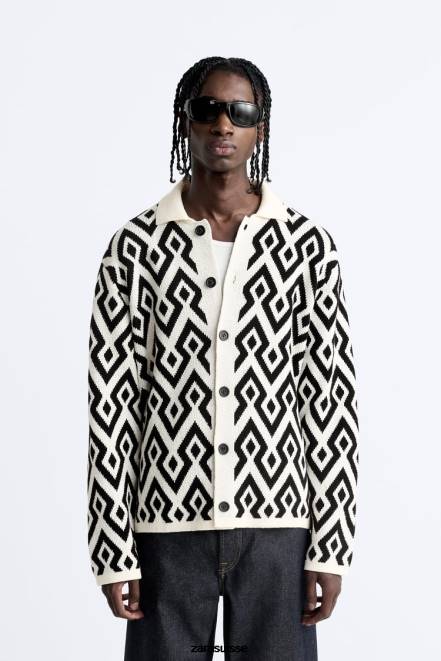 Zara vêtements P66V1046 Hommes cardigan en maille jacquard géométrique écru