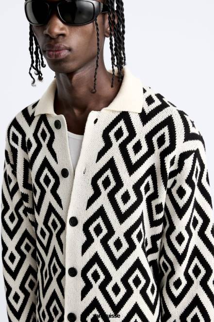 Zara vêtements P66V1046 Hommes cardigan en maille jacquard géométrique écru