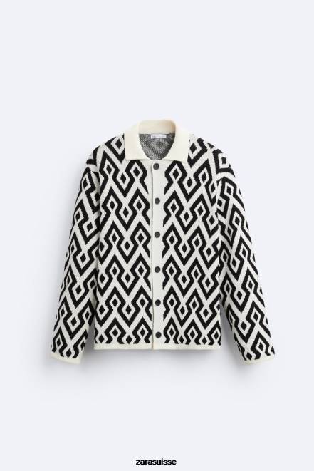 Zara vêtements P66V1046 Hommes cardigan en maille jacquard géométrique écru