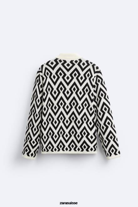 Zara vêtements P66V1046 Hommes cardigan en maille jacquard géométrique écru