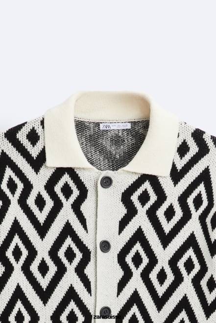 Zara vêtements P66V1046 Hommes cardigan en maille jacquard géométrique écru