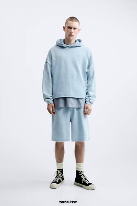 Zara vêtements P66V1084 Hommes short de jogging délavé bleu blanc